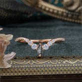 2 Prong Marquise & Round Cut Black Rutilated Quartz Curved Wedding Band Stacking Ring